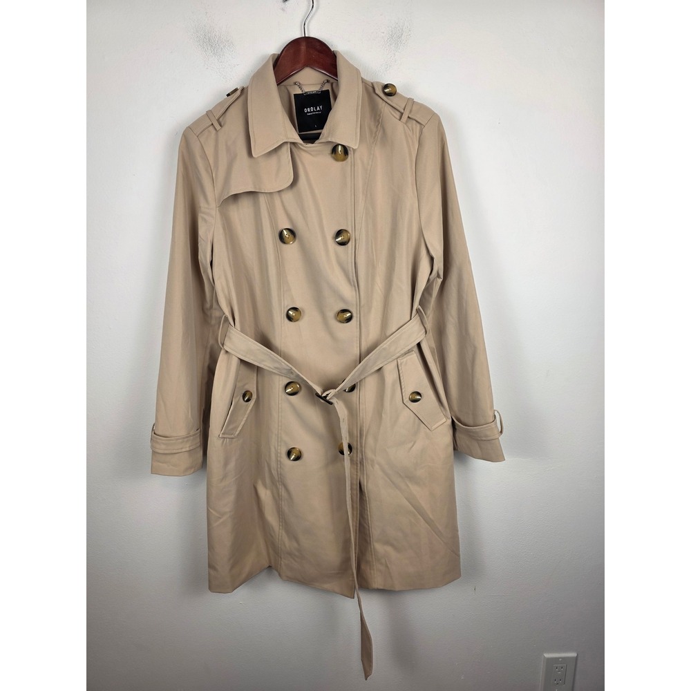 Orolay NWT Womens Double Breasted Belt Trench Coat Tan Beige Size L Long Sleeve